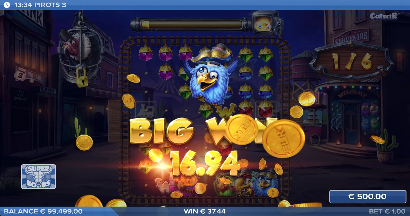 Ecran Big Win Pirots 3 cu animație de câștig