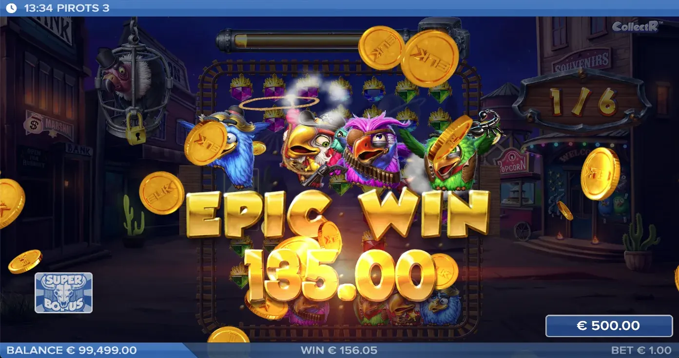 Ecran Epic Win Pirots 3 cu animație de câștig