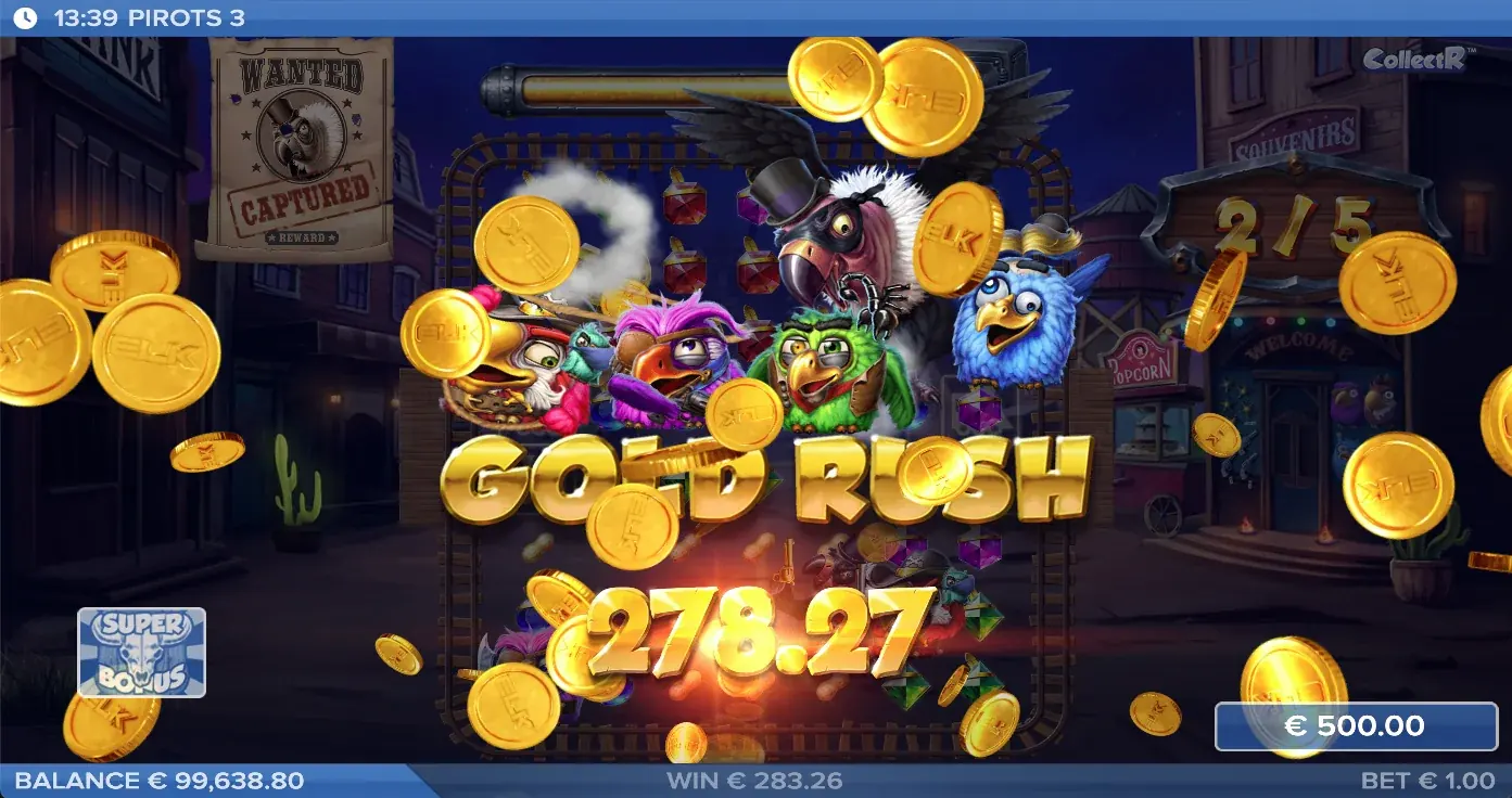 Ecran Gold Rush Win Pirots 3 cu animație de câștig