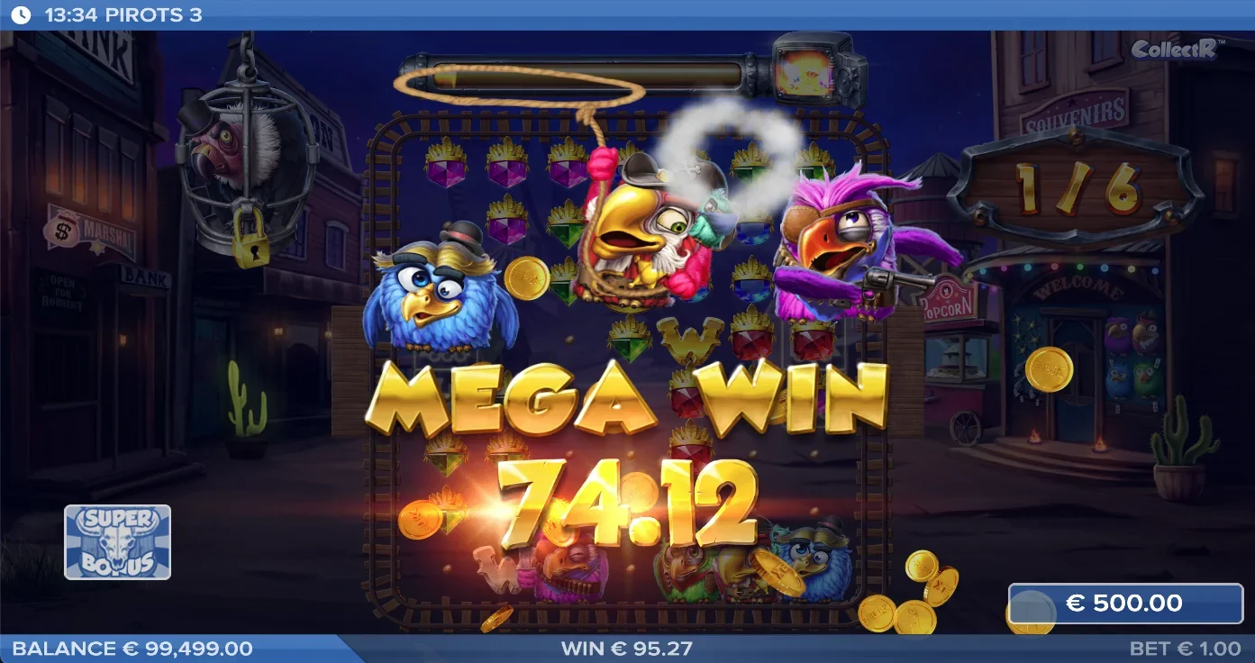 Ecran Mega Win Pirots 3 cu animație de câștig