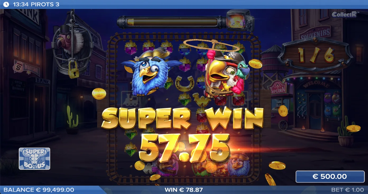 Ecran Super Win Pirots 3 cu animație de câștig