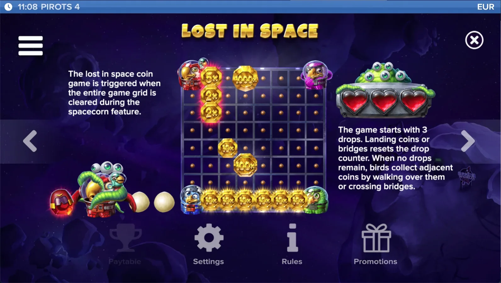 Tabel de plăți Pirots 4 Lost in Space nivelul 7