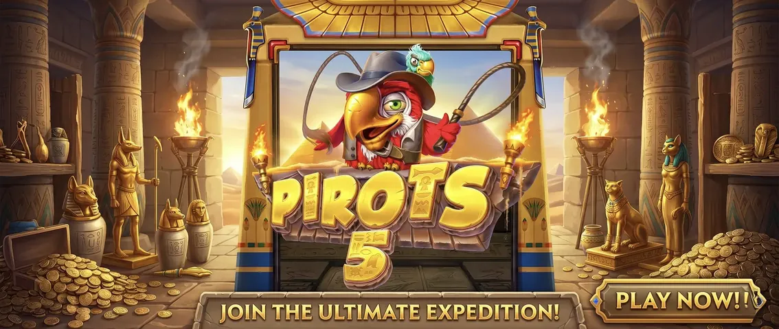 Banner promoțional Pirots 5 cu temă Egiptul Antic