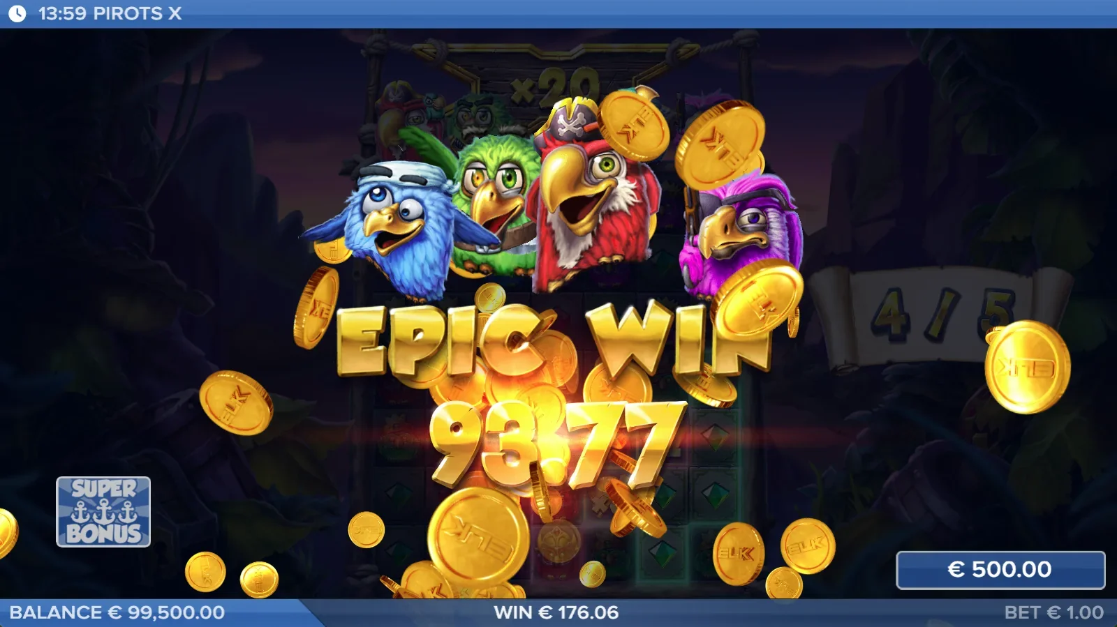 Ecran Epic Win Pirots X cu efect maxim de câștig
