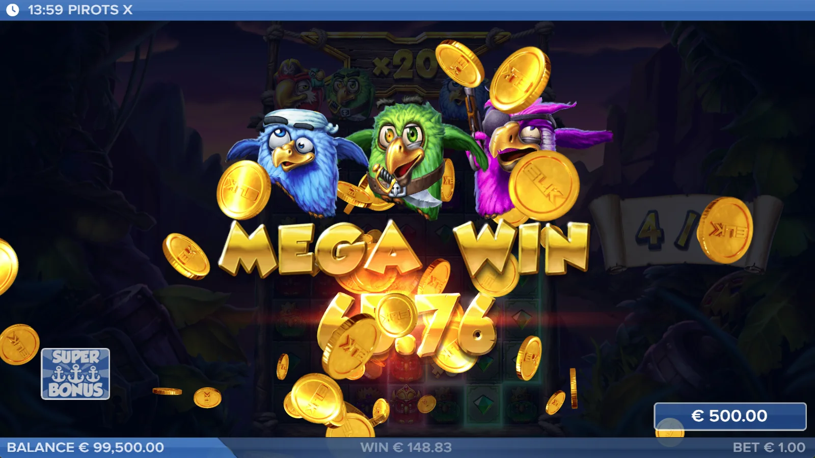 Ecran Mega Win Pirots X cu animație de câștig