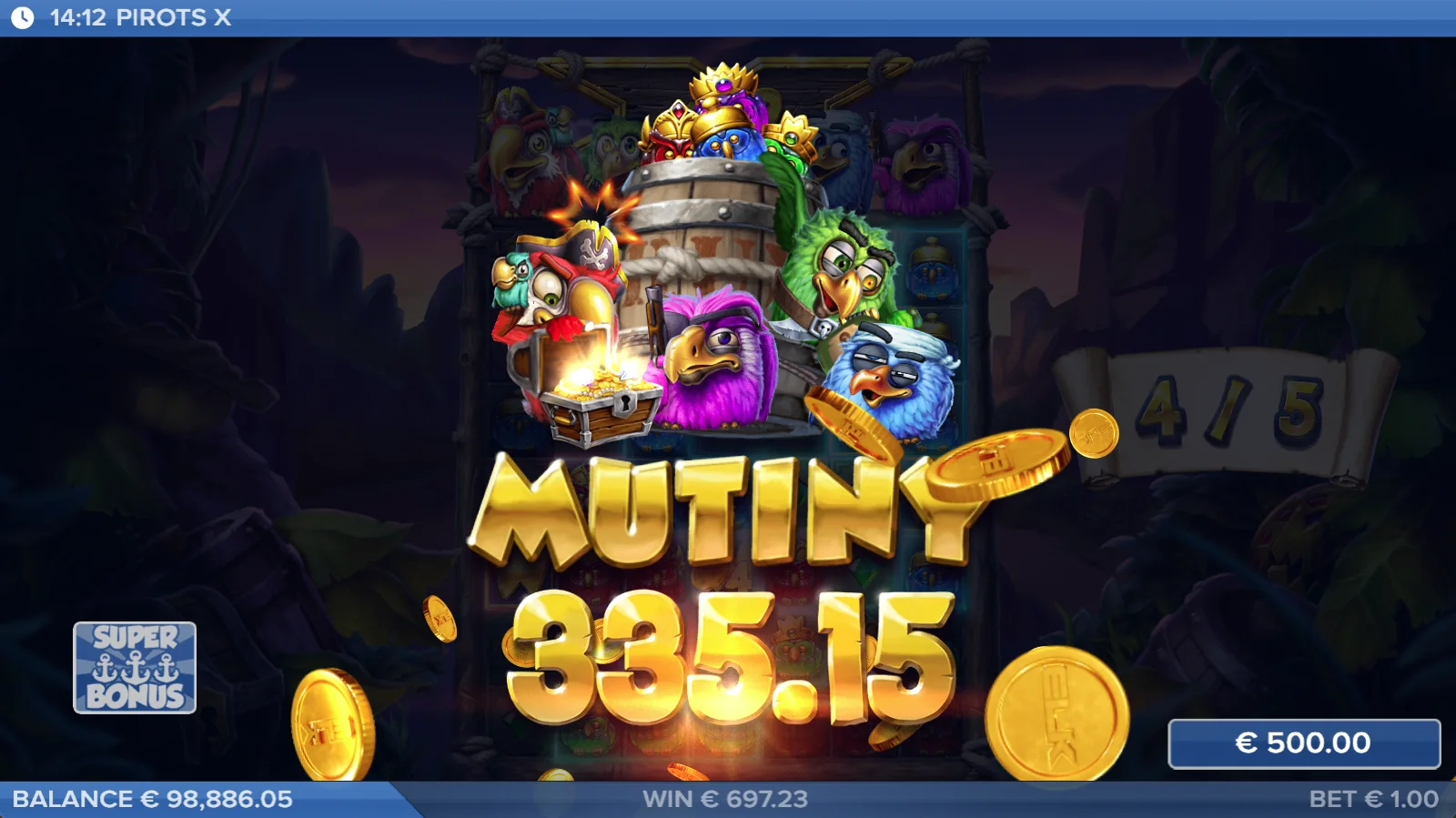 Ecran Mutiny Win Pirots X cu animație de câștig